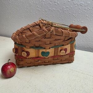 Woven Apple Button Basket Trinket Holder Wooden Handle Country Farmhouse Teacher